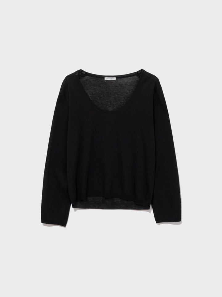 Low Classic Sheer Linen Blended Deep U-Neck Sweater Black