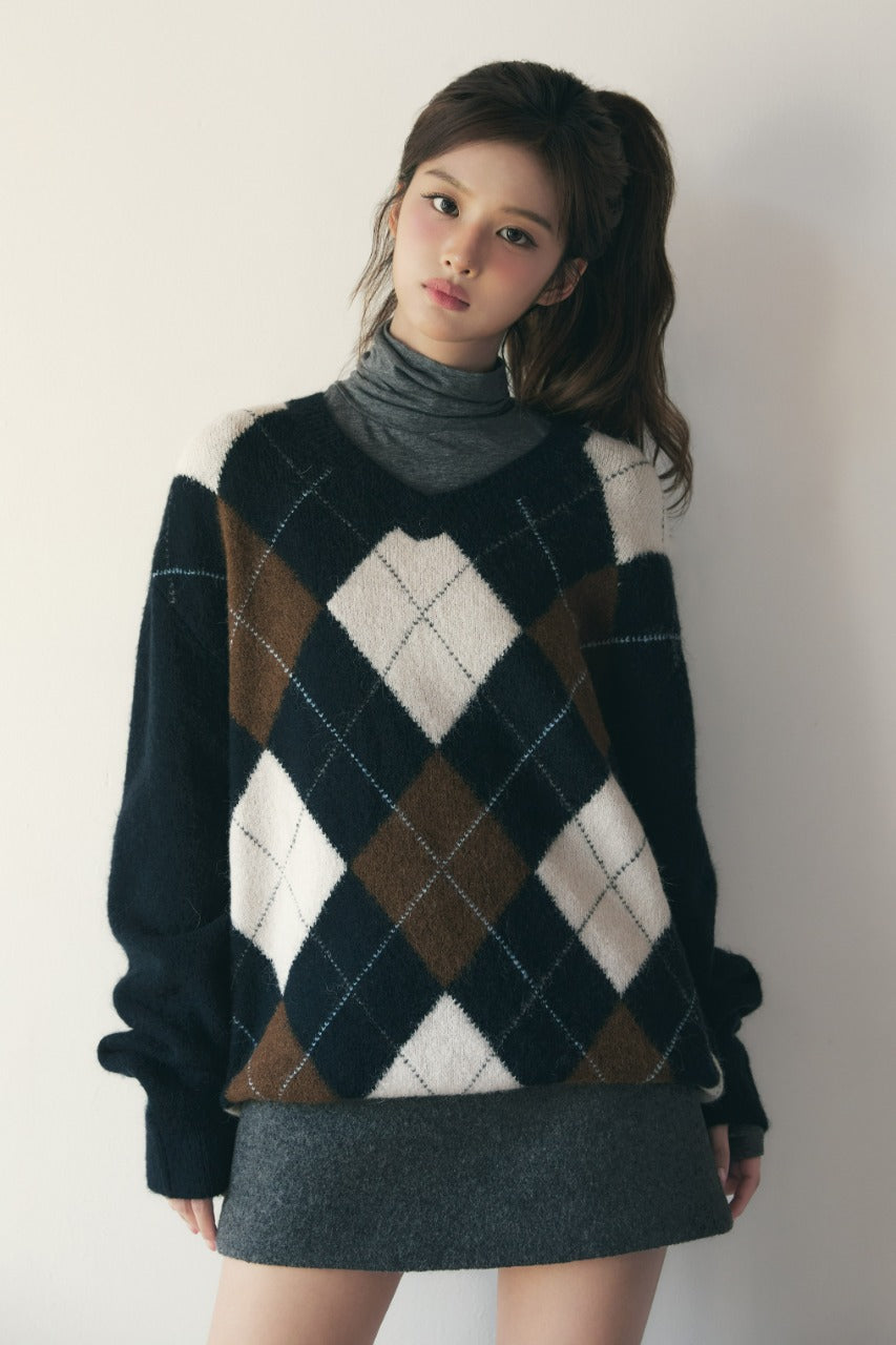 Dunst Unisex Hairy Alpaca Argyle Sweater Navy