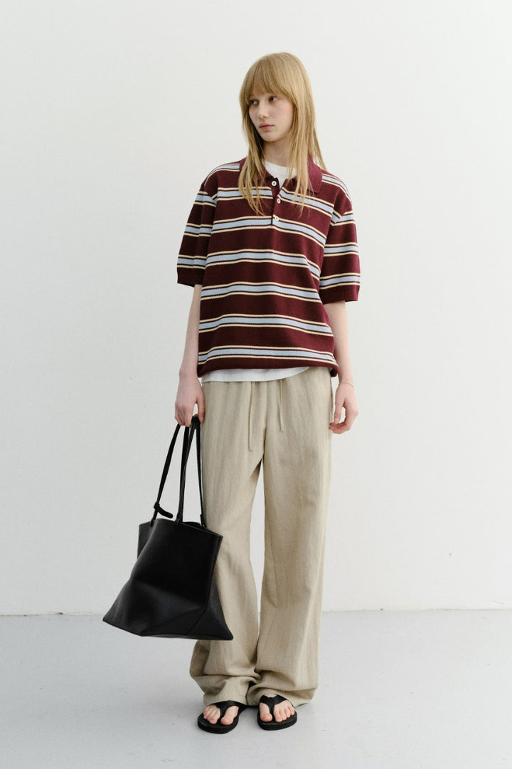 Dunst Unisex Multi Striped Polo Knit Burgundy Sky Blue