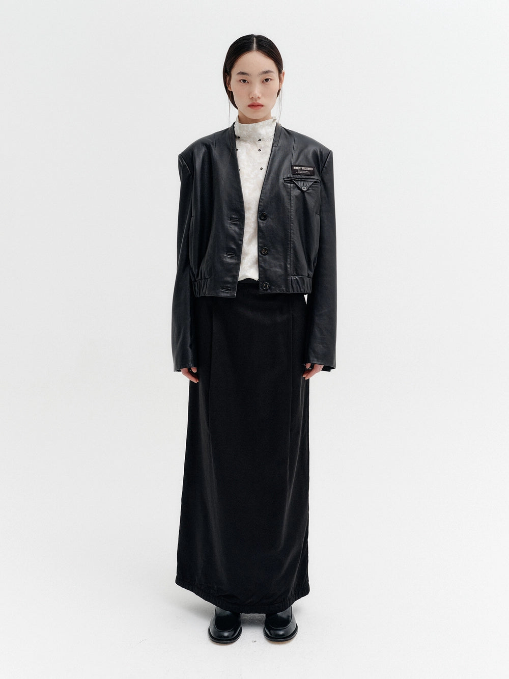 EENK Contrast Crop Leather Jacket - Black