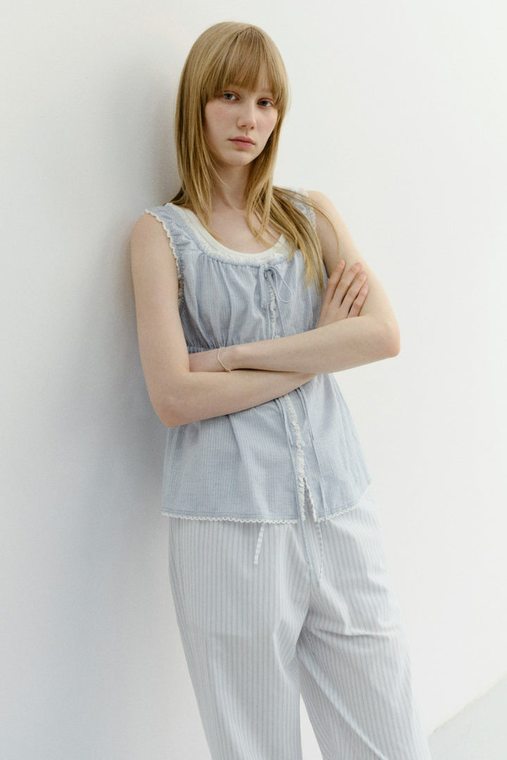 Dunst Shirring Sleeveless Blouse Soft Blue Stripe