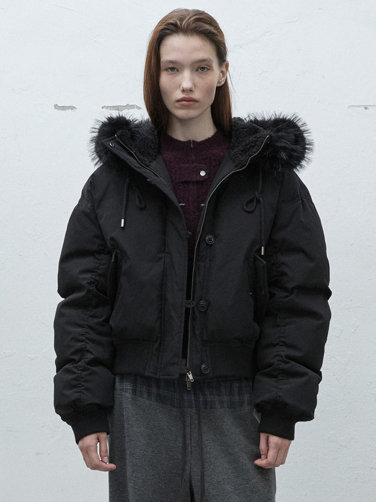 Raive Fur Hooded Down Jumper in Black