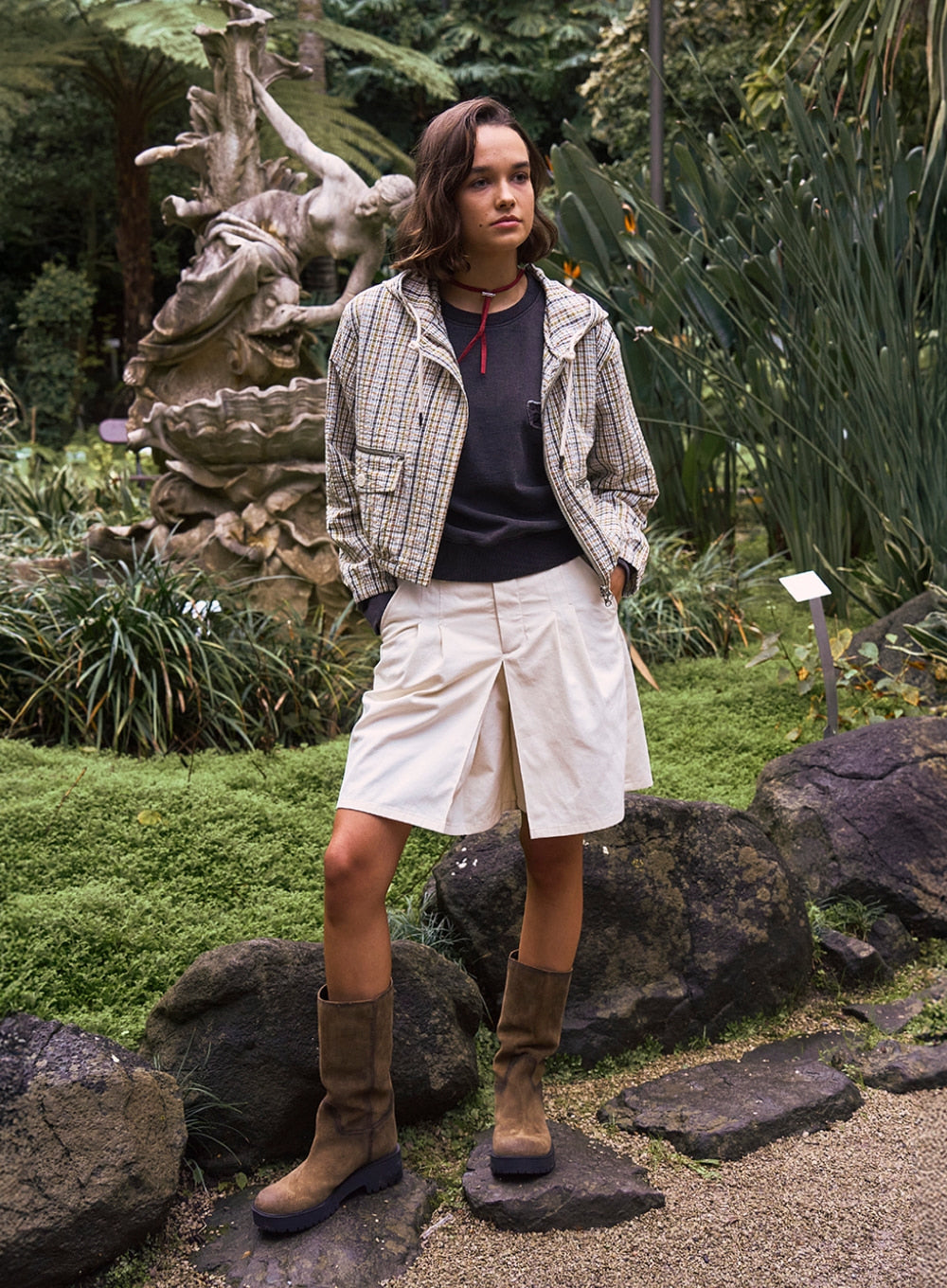 Satur Crop Hood Check Jacket - Olive Green