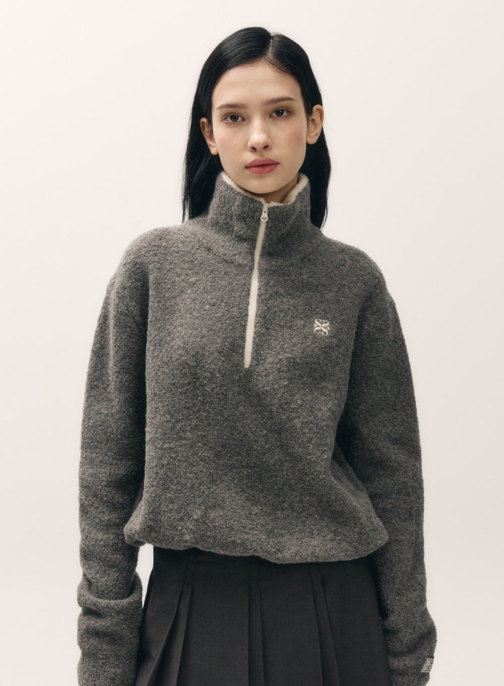 [satur] (W) Crop Half Neck Fleece Knit Zip-up - Gray