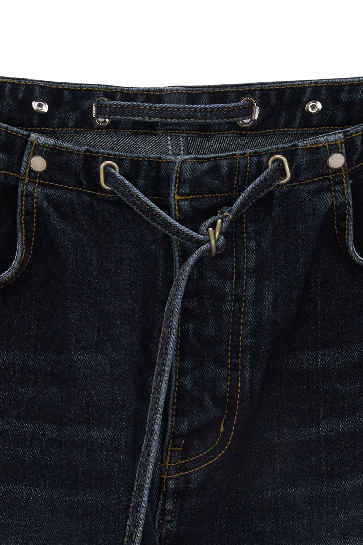 [matinkim] WAIST STRING BELTED DENIM PANTS IN NAVY