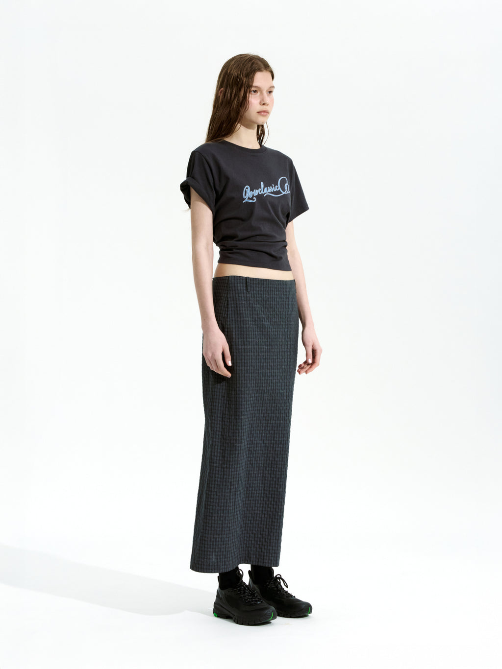 [Low Classic] Slit Checked Long Skirt_Black