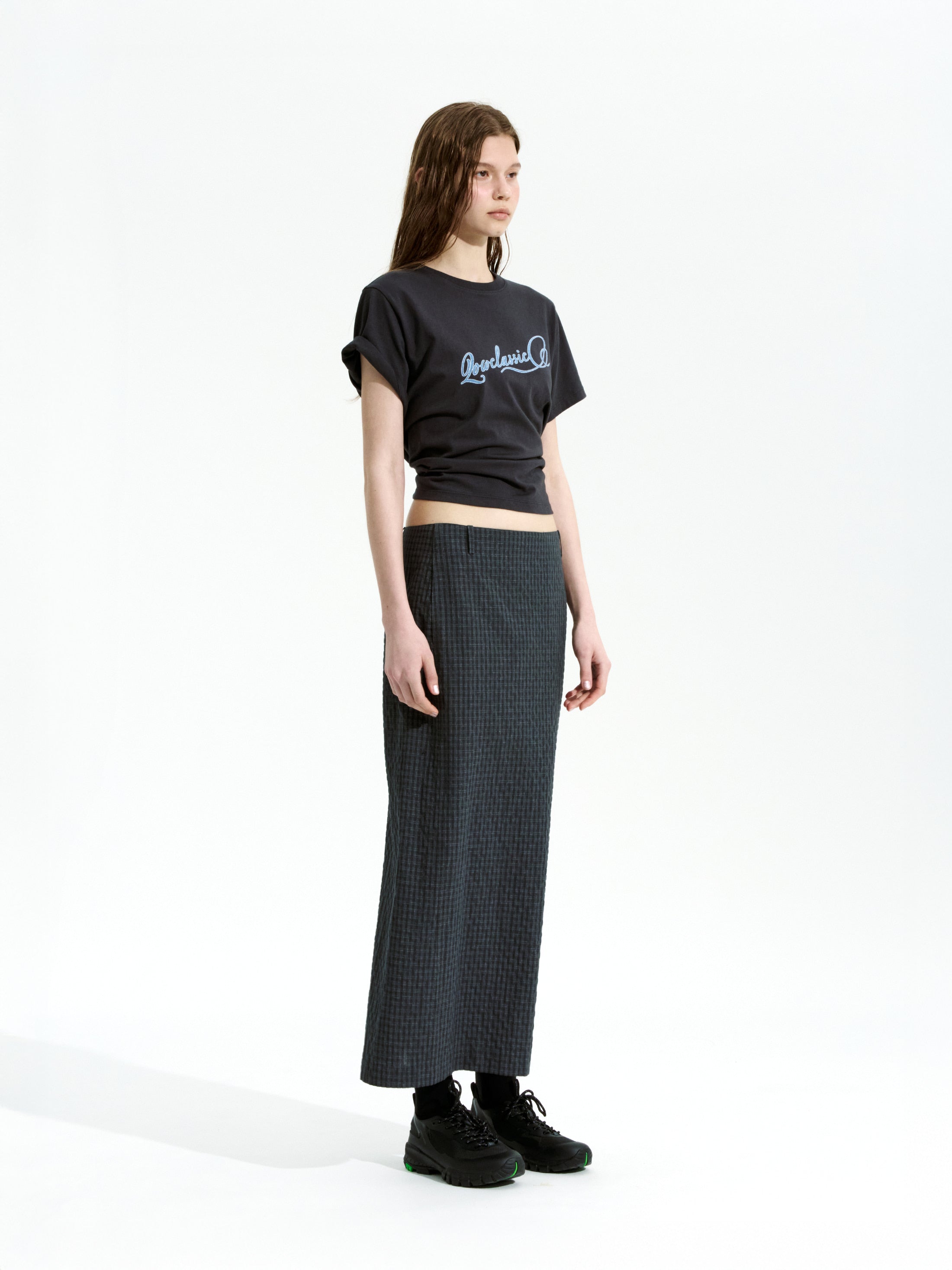 [Low Classic] Slit Checked Long Skirt_Black