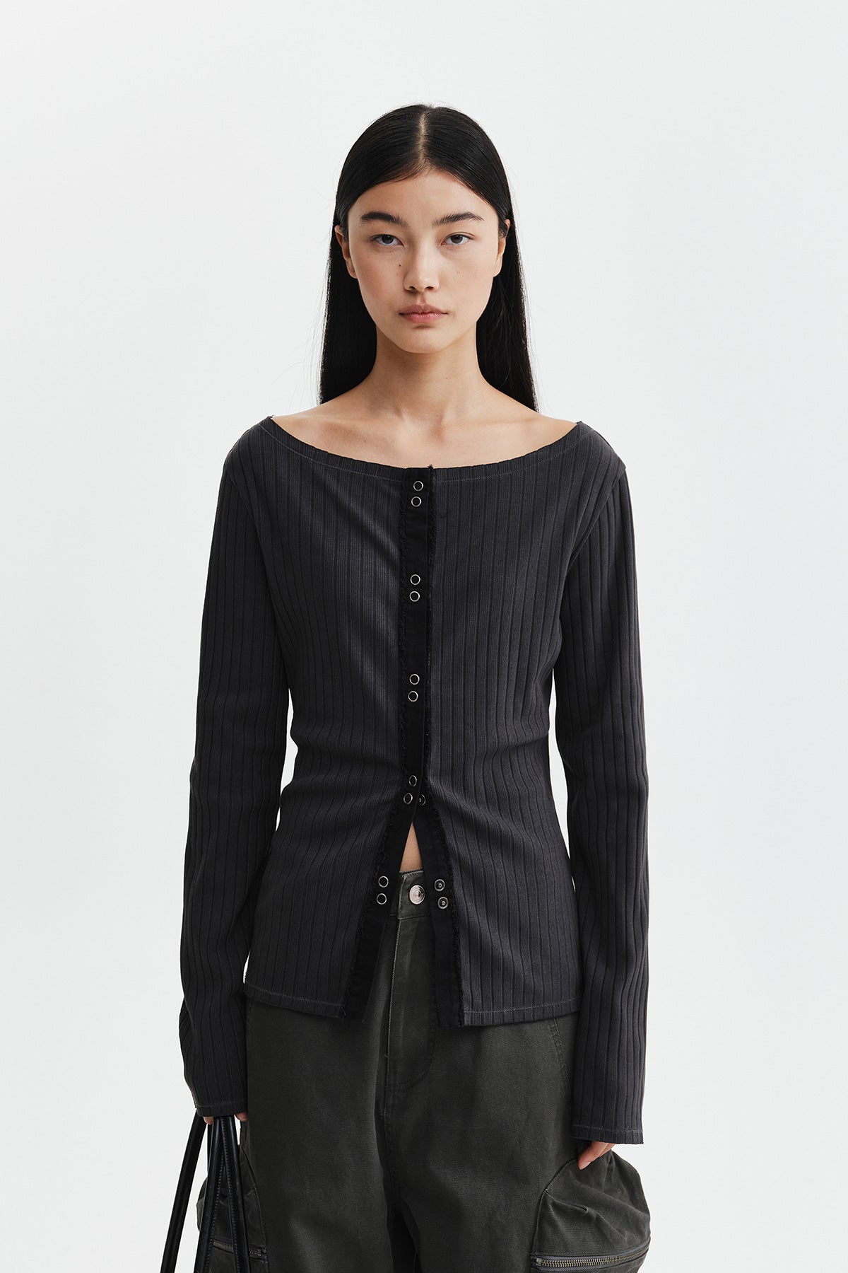 Matinkim Vintage Washed Ribbed Snap Top IN Black