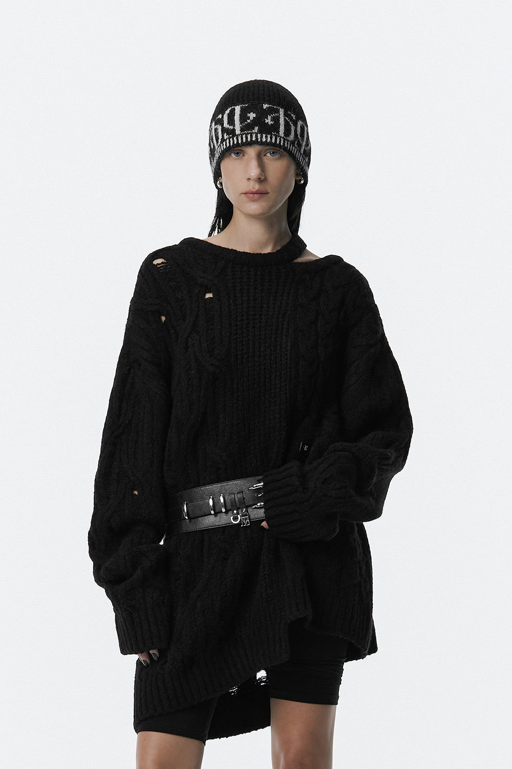 Treemingbird Mixed Cable Knit Pullover Black
