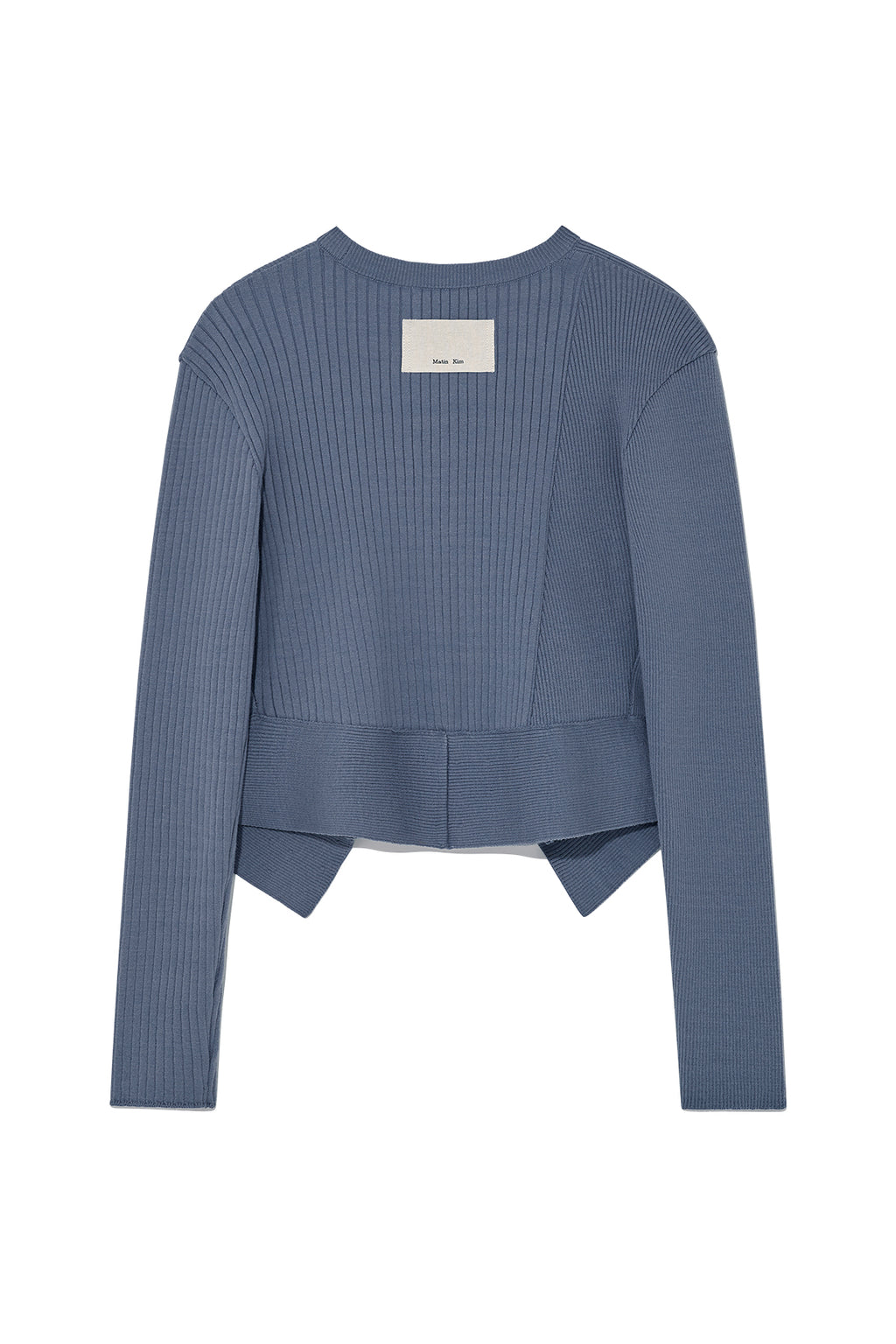 [matinkim] UNBALANCE CUT LINE BUTTON CARDIGAN IN SMOKE BLUE