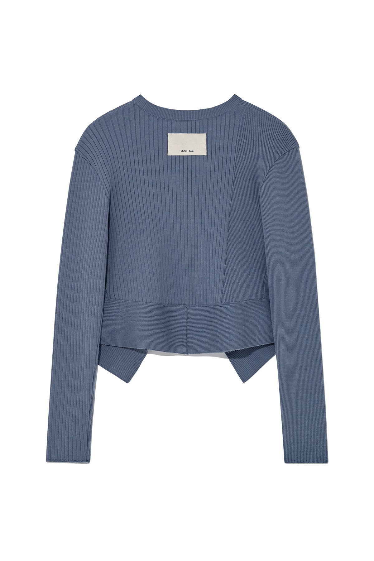[matinkim] UNBALANCE CUT LINE BUTTON CARDIGAN IN SMOKE BLUE