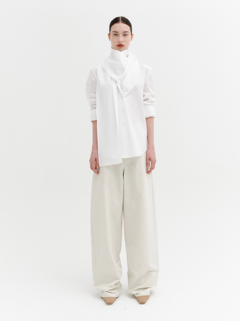 EENK Layered Scarf V-Neck Blouse - White