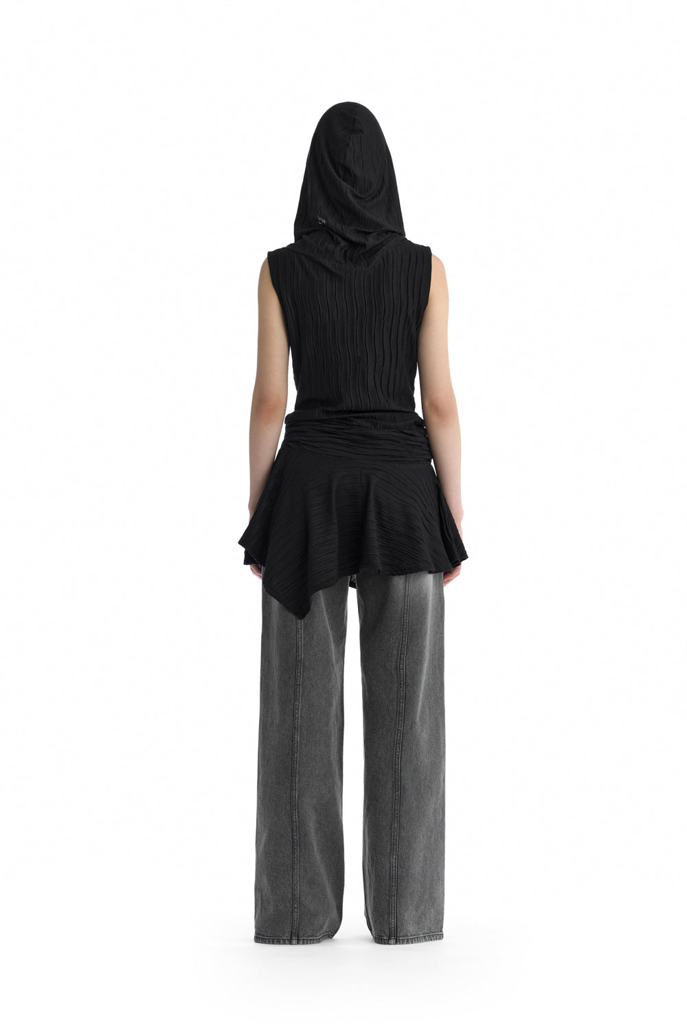 Treemingbird Crinkle Draped Hooded Sleeveless Dress Black