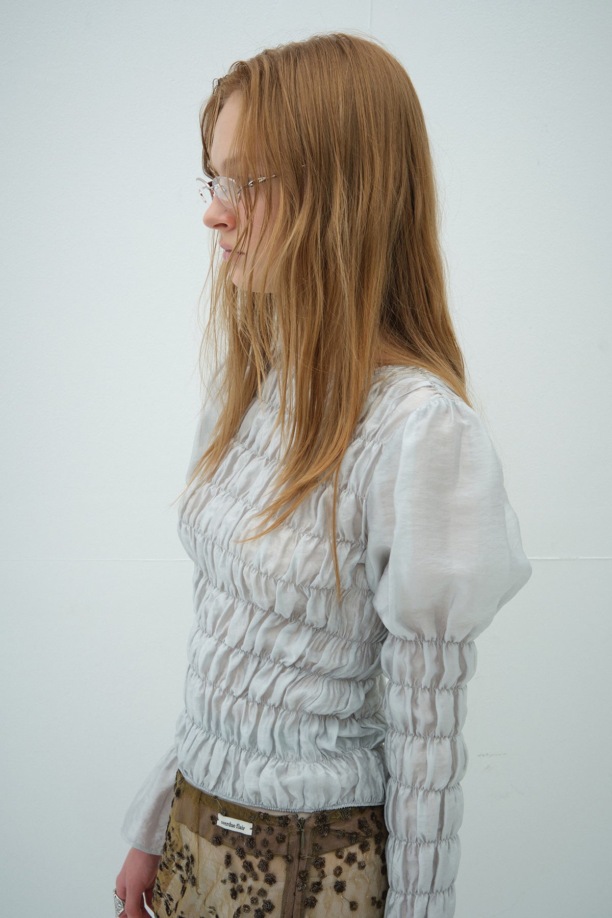 Overdueflair Smocked Puff Blouse Light Grey