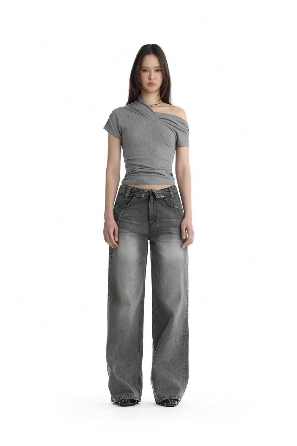 Treemingbird Asymmetric Draped Off-Shoulder Top Melange Gray