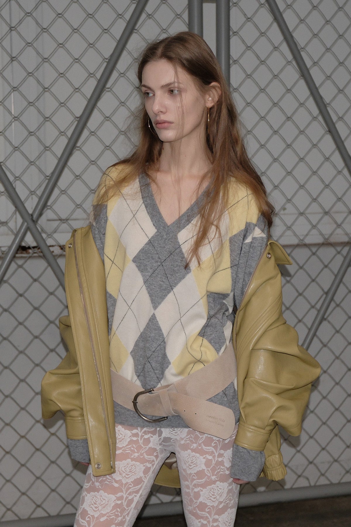 Overdueflair Classic Argyle V-Neck Knit Lemon/Grey