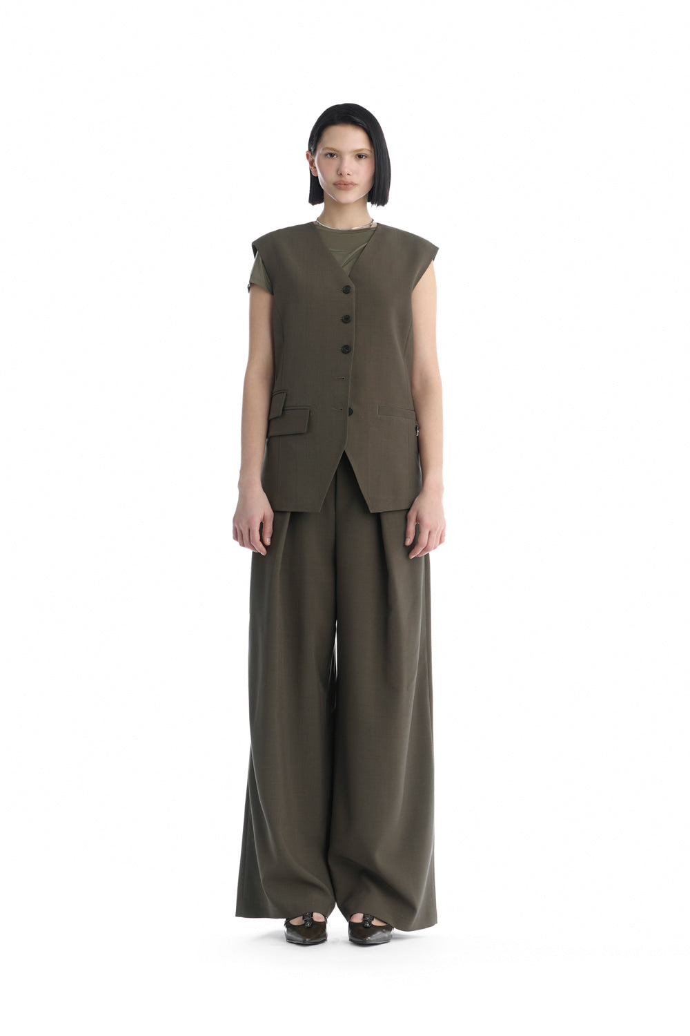 Treemingbird Minimal Button-Detail Set-Up Vest Khaki