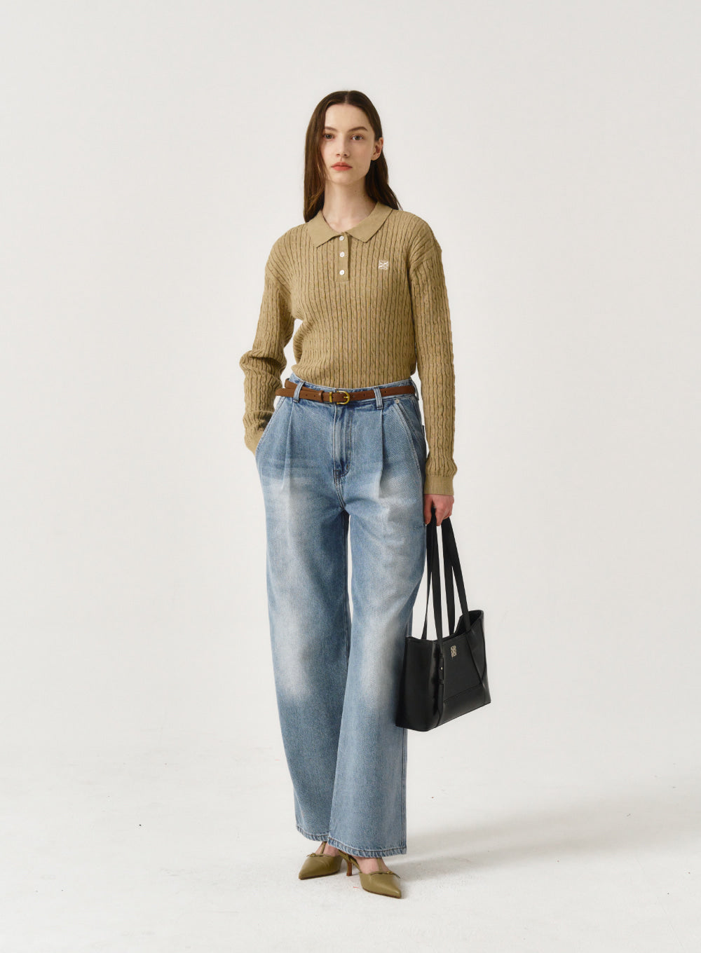 [satur] (W) Winsome Basic Cable Collar Knit - Organic Beige