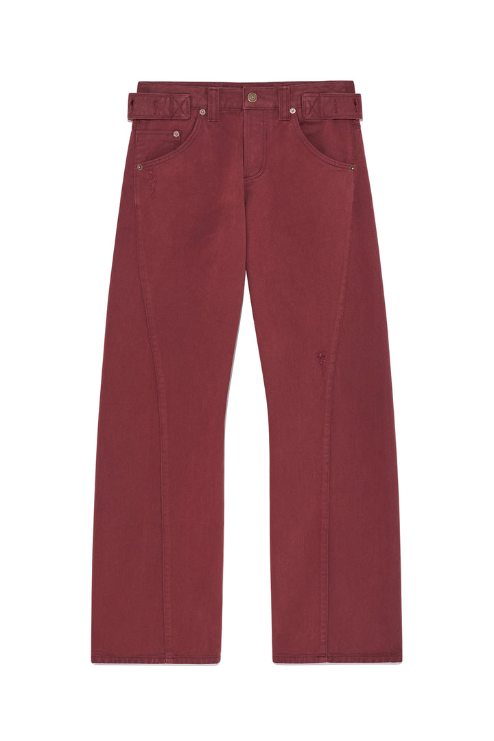 Matinkim Waist Buckle Curved Dying Denim Pants IN Red