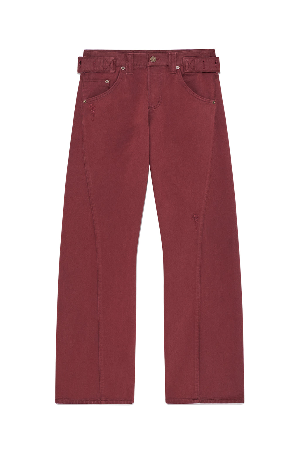 Matinkim Waist Buckle Curved Dying Denim Pants IN Red