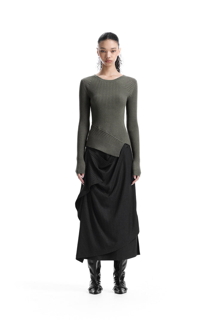 Treemingbird Asymmetric Ribbed Knit Top Khaki
