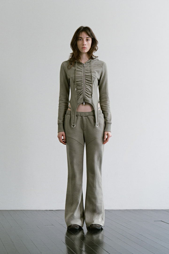 Treemingbird Garter-Hem Slim Hooded Set-up Zip up Khaki