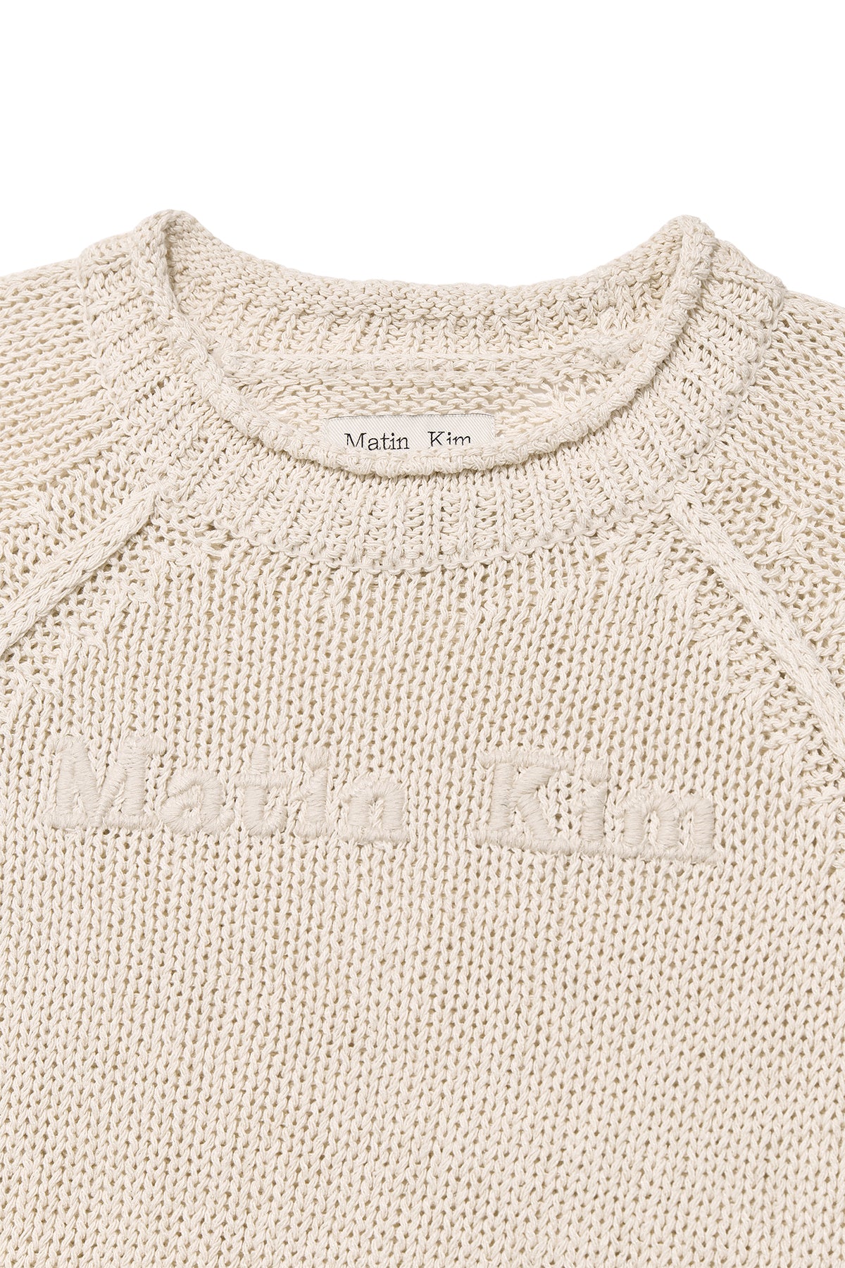 [matinkim] THREE QUARTER SLEEVE LOGO KNIT PULLOVER IN BEIGE