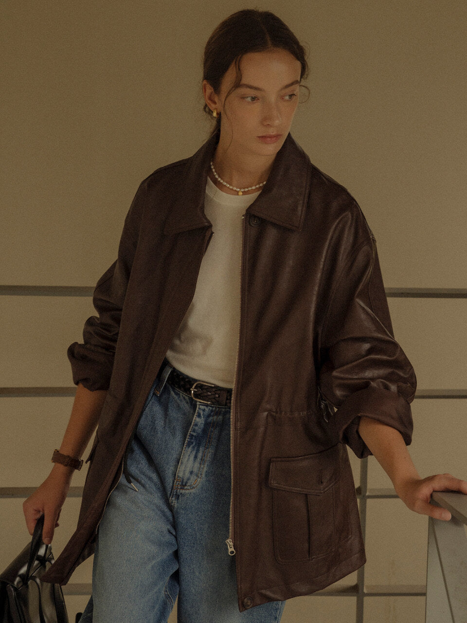 Tillidie String belt natural leather jacket Brown