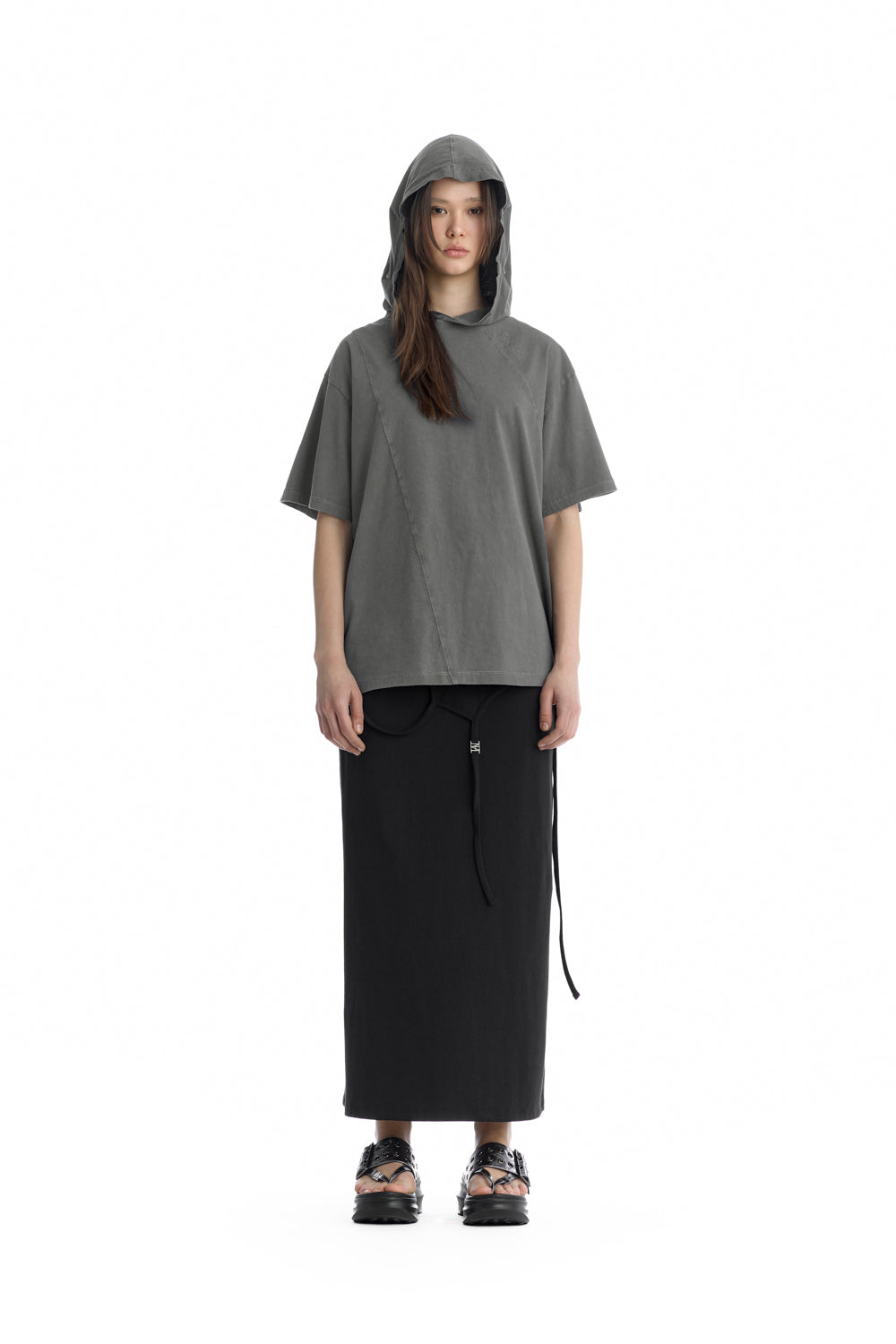 Treemingbird Diagonal Cut-Line Hooded T-Shirt Gray