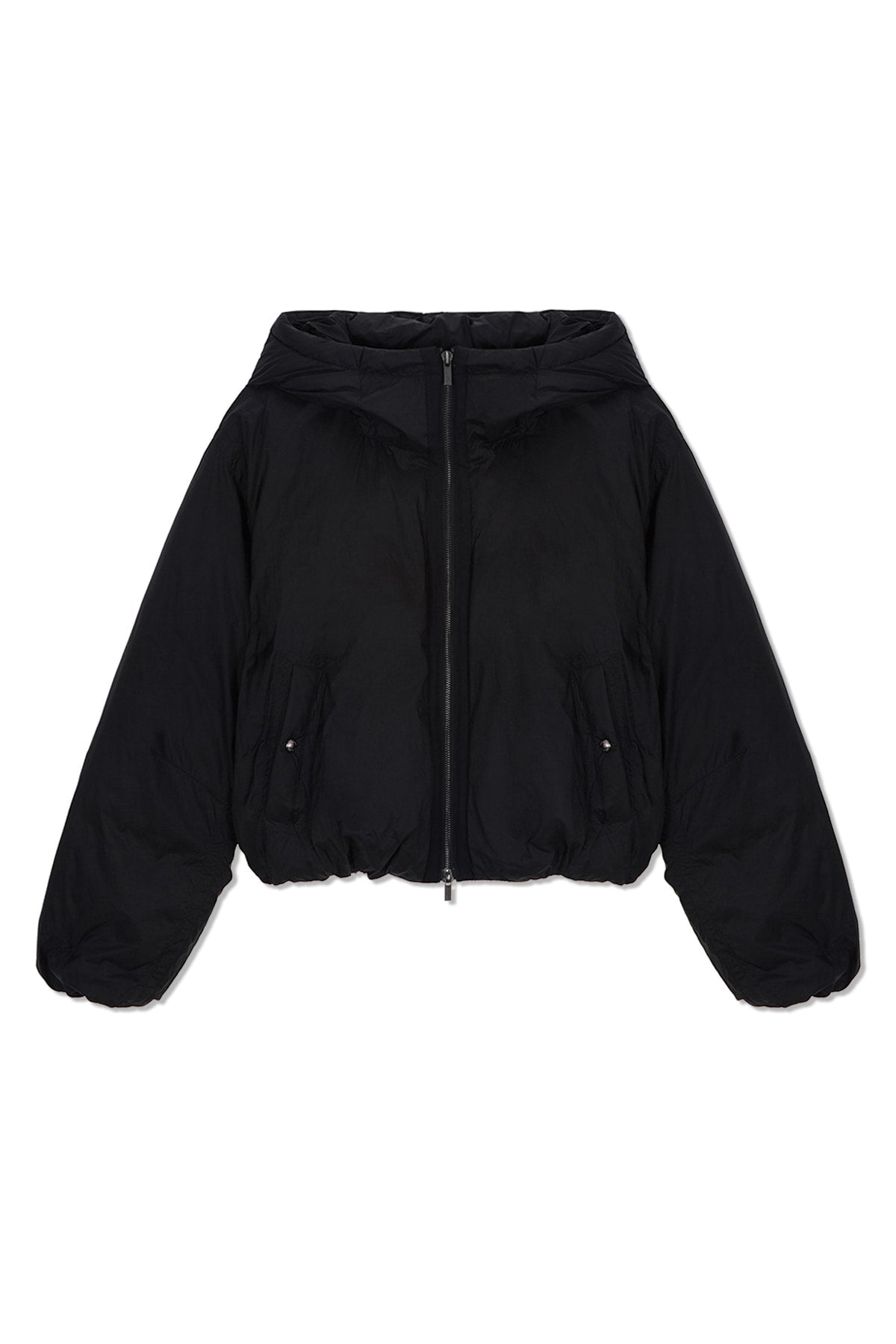 [matinkim] BACK LOGO HOODY SHORT DOWN JUMPER IN BLACK