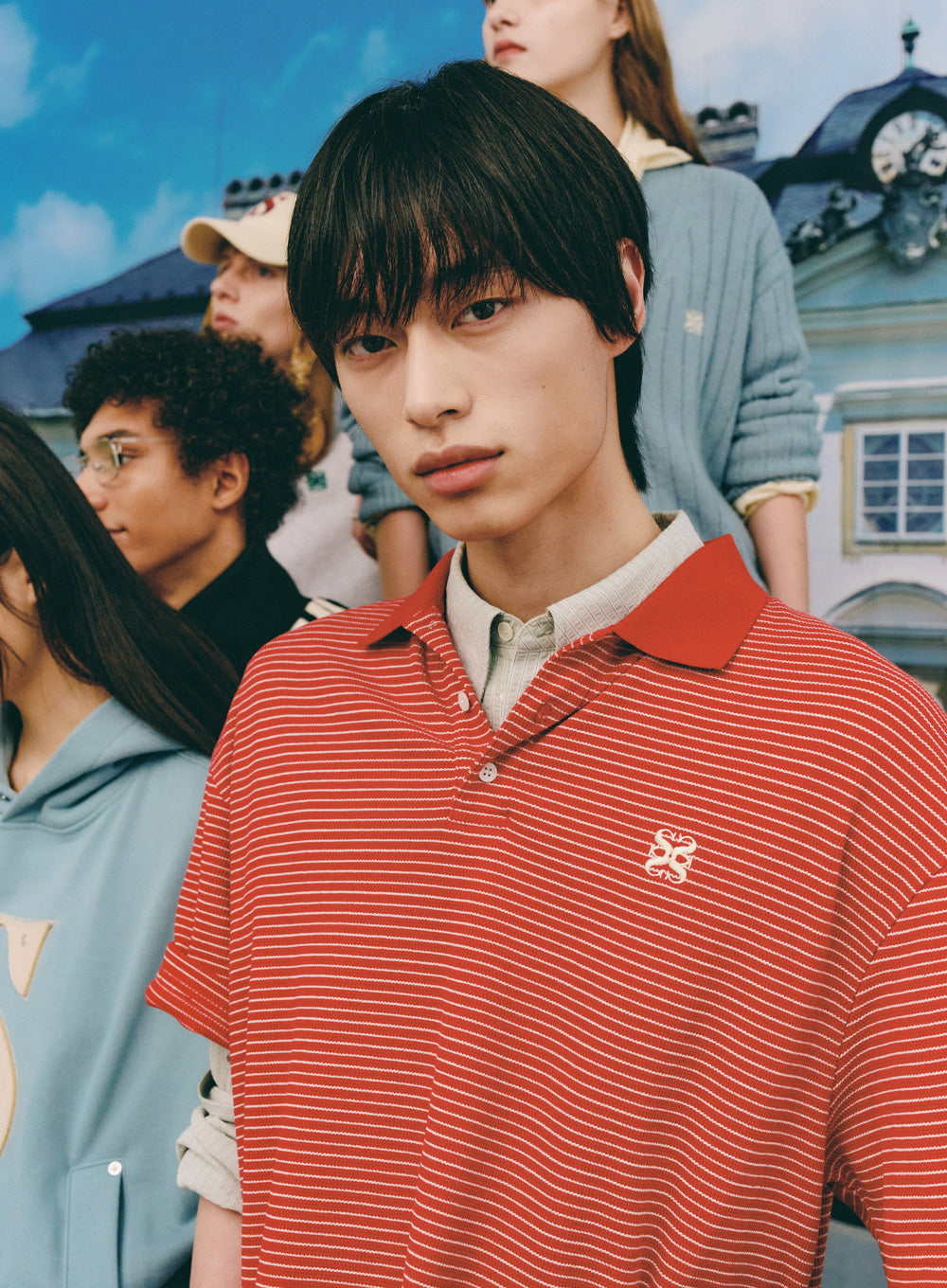 [satur] Stripe Collar T-Shirt - Red