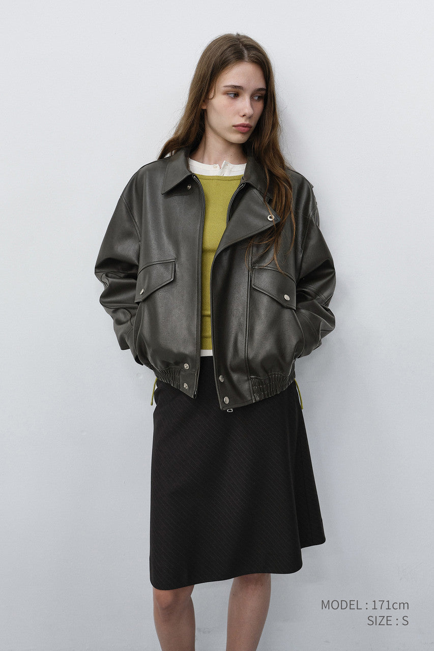 Dunst Unisex Cropped Leather Blouson Greyish Khaki