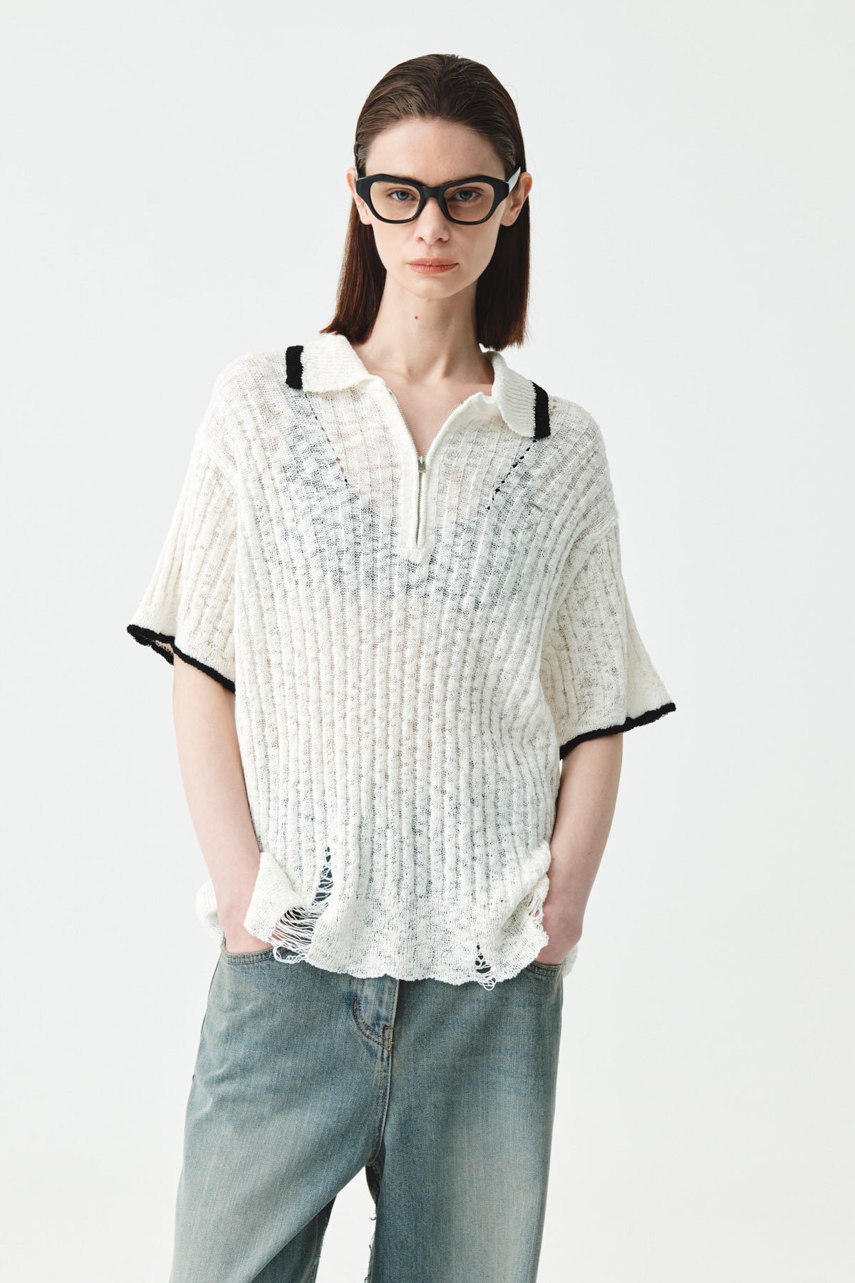 Matinkim Half Zip UP Slub Pique Knit Top IN Ivory