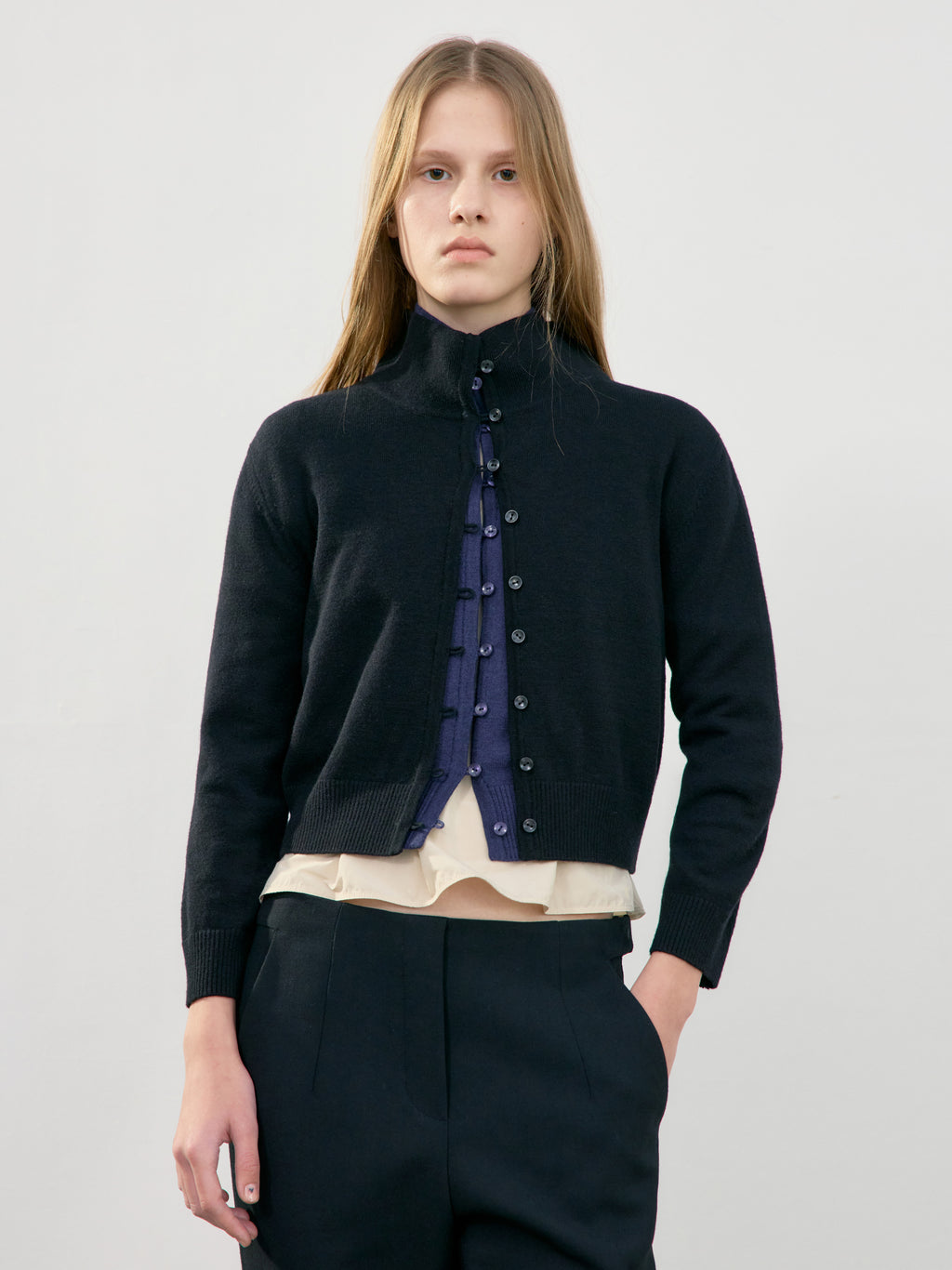 Low Classic High Neck Knit Cardigan Black