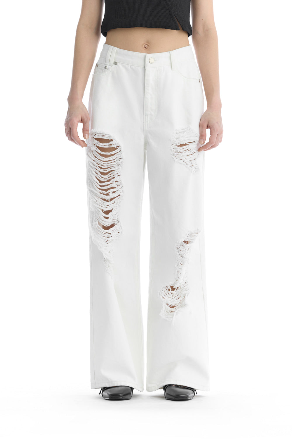 Treemingbird Scratch Damage Cotton Twill Pants White