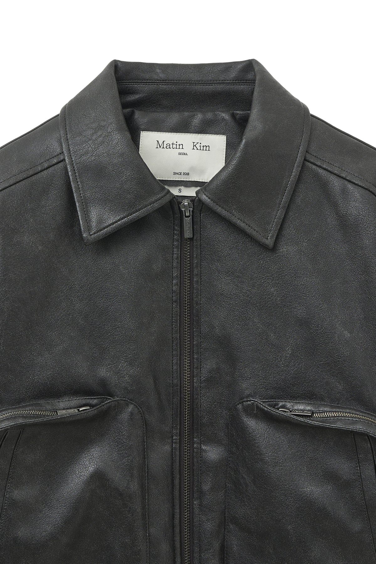 [matinkim] FAUX LEATHER OUT POCKET JUMPER IN CHARCOAL