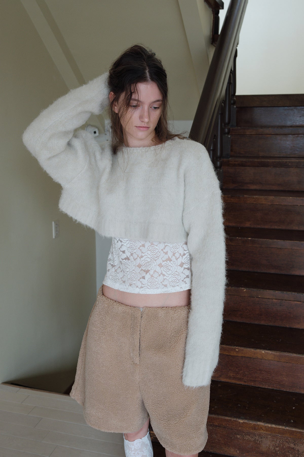 Overdueflair Shearling Bermuda Pants Beige