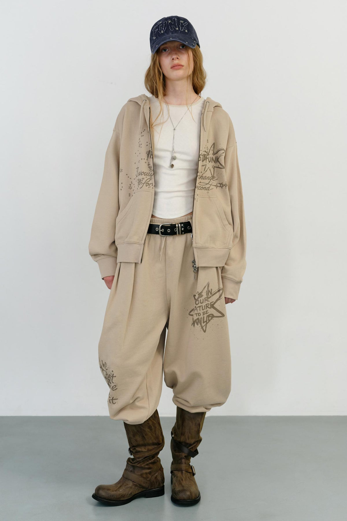 Instantfunk Washed Graphic Zip Up Hoodie - Beige