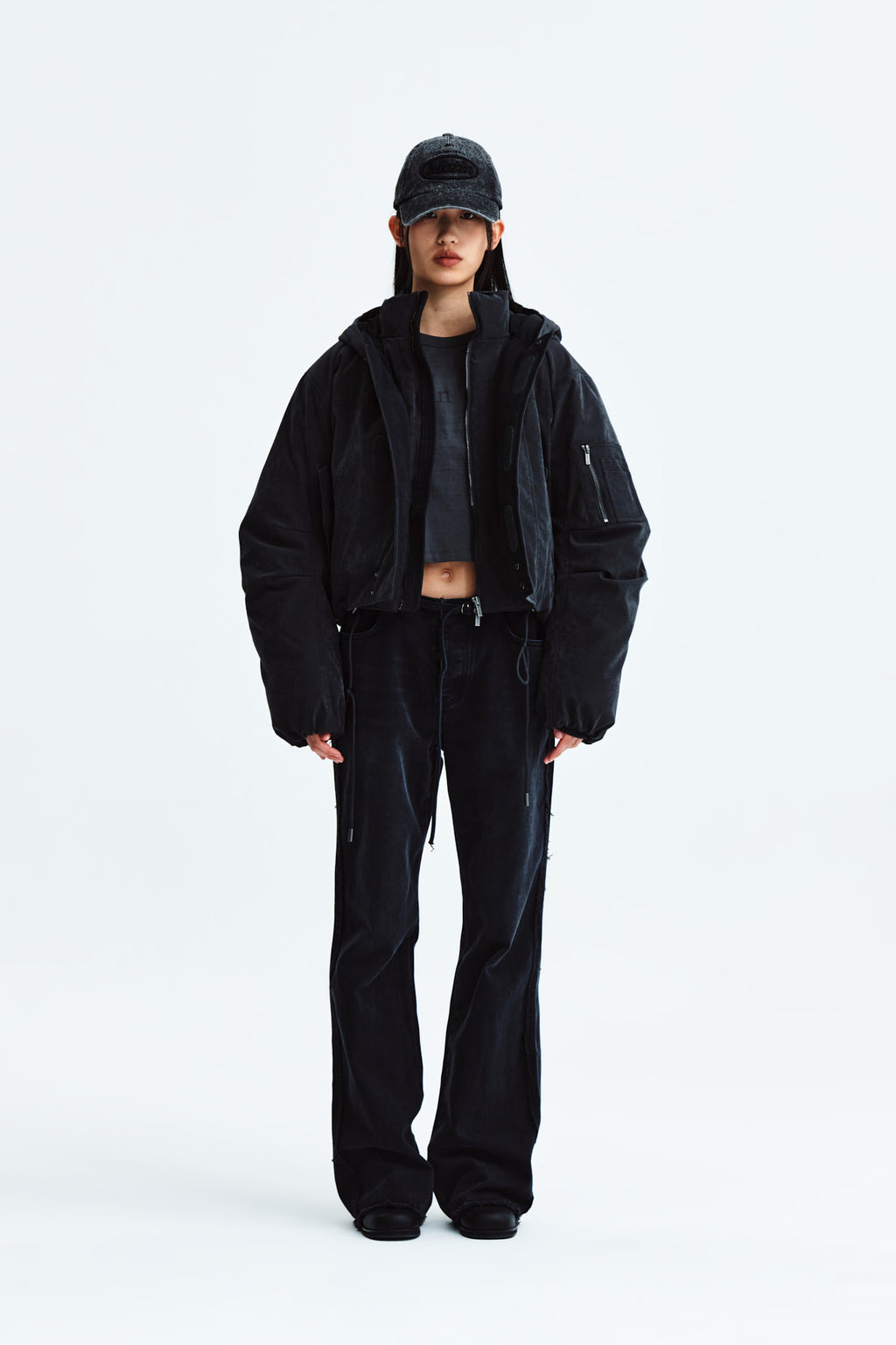 [matinkim] WAIST STRING BELTED DENIM PANTS IN BLACK