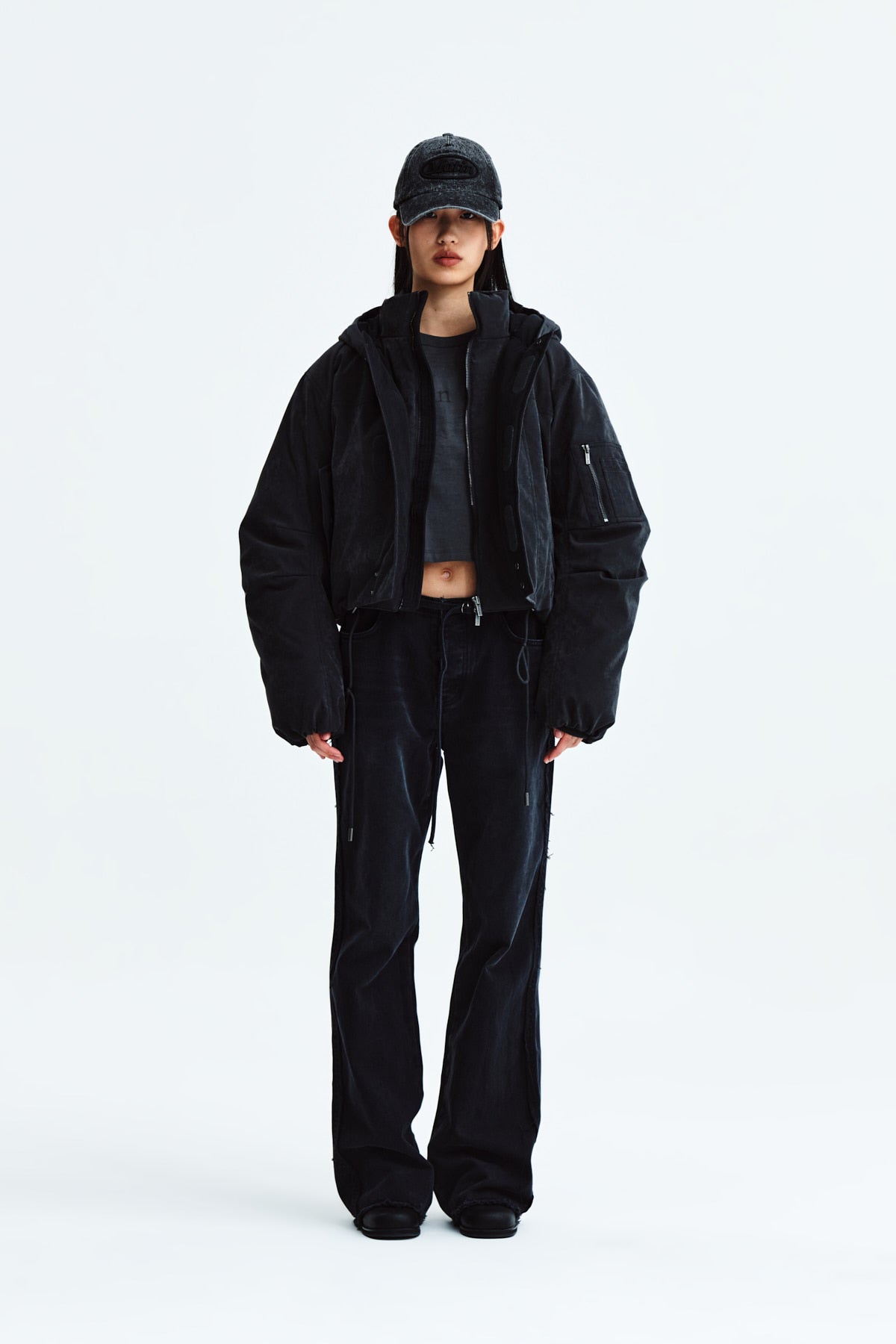 [matinkim] WAIST STRING BELTED DENIM PANTS IN BLACK