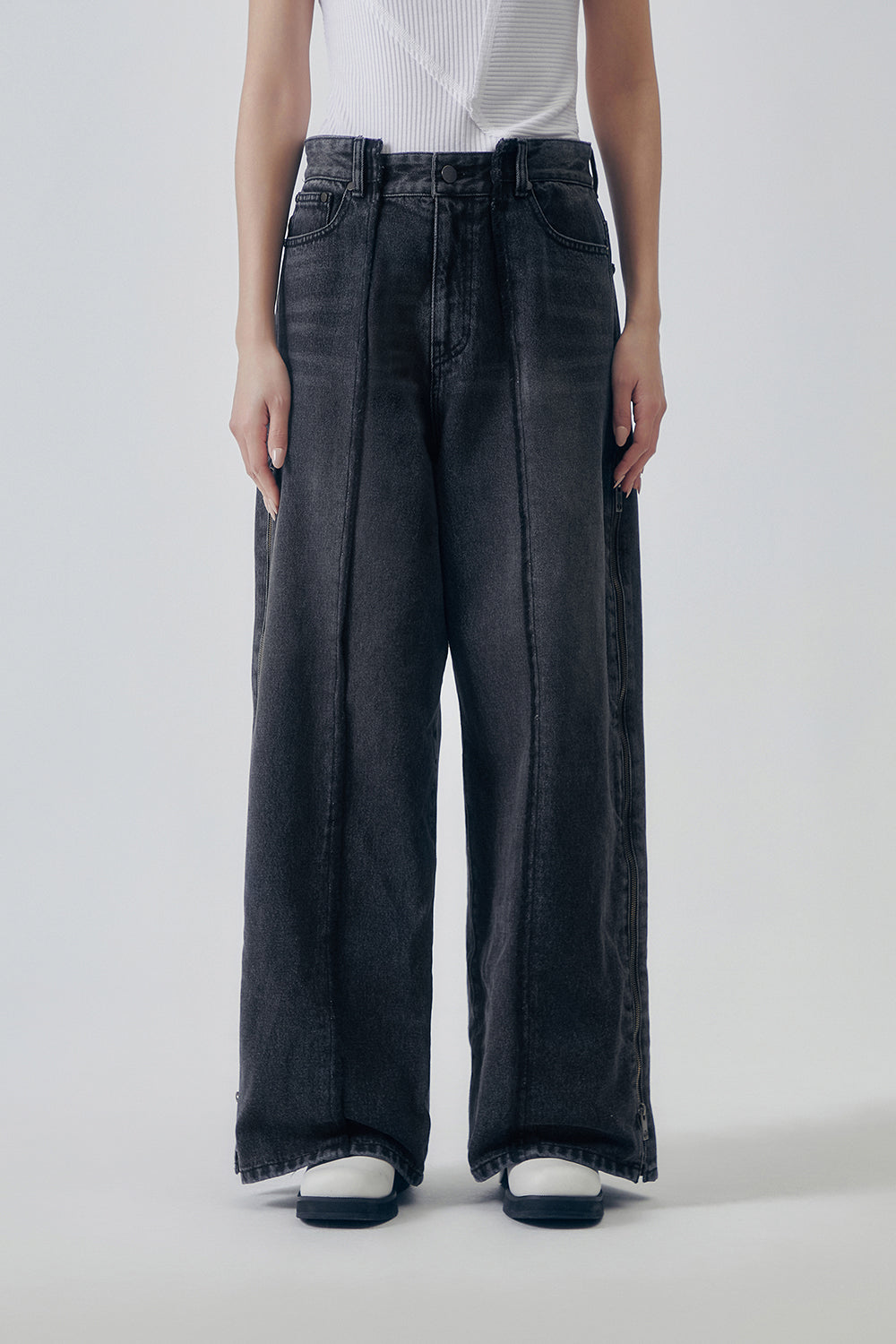 Treemingbird Utility Zipper Denim Pants Gray
