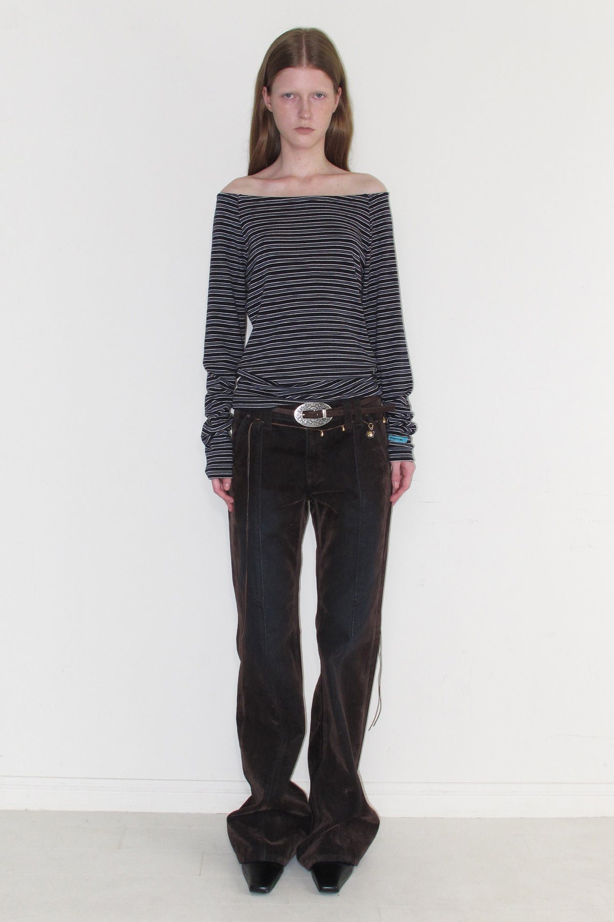 Instantfunk Stripe Off Shoulder Neck Tee - Navy