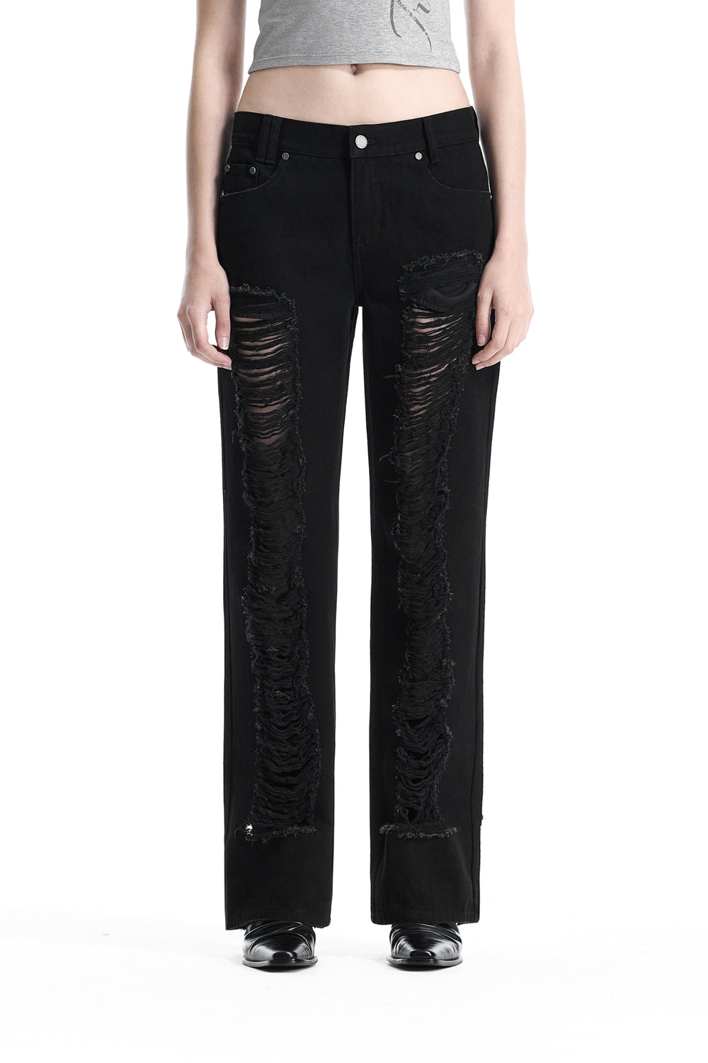 Treemingbird Low-Rise Scratch Damage Slim-Fit Denim Black