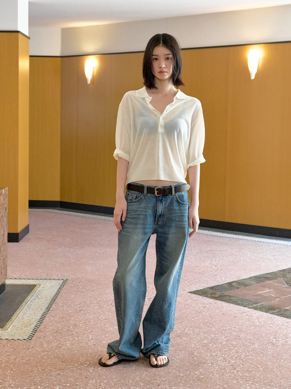 Low Classic Sheer Linen Blended Polo Sweater Ivory
