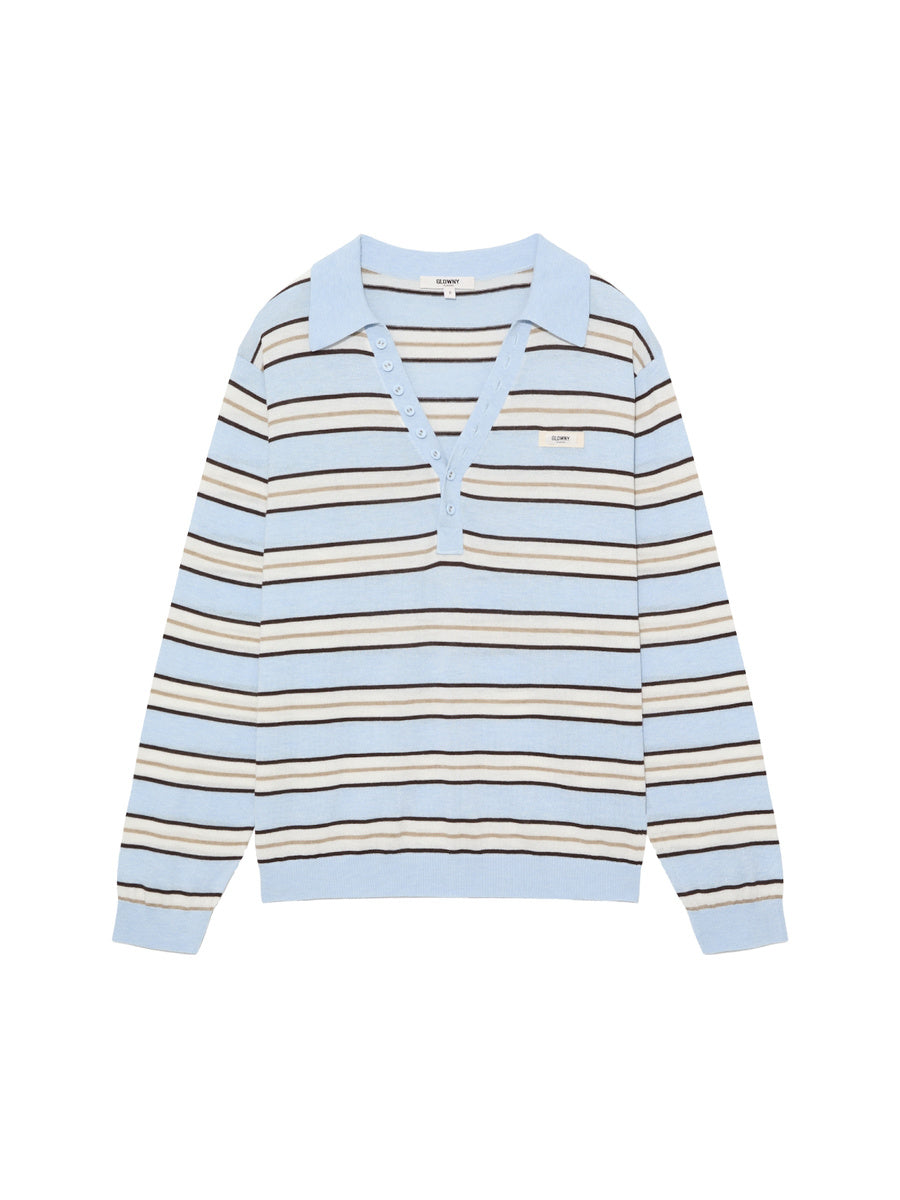 GLOWNY G Stripe Henley Loose Fit Knit (Light Blue)