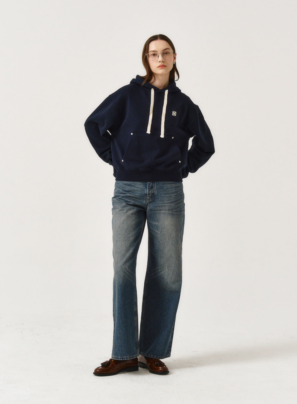 [satur] (W) Classic Small Logo Rivet Hoodie - Classic Navy