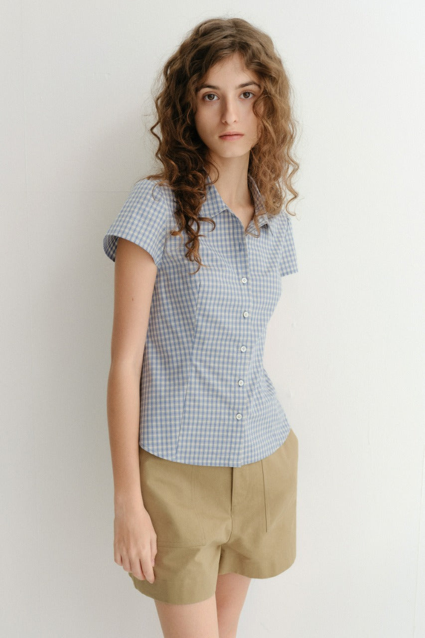 Dunst Vintage Cap Sleeve Slim Shirt Soft Blue Check