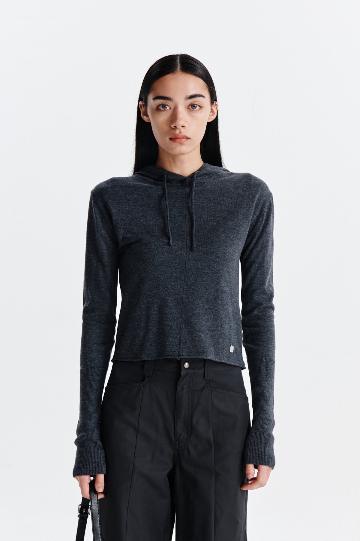 [matinkim] PLAIN SLIM KNIT HOODY IN CHARCOAL