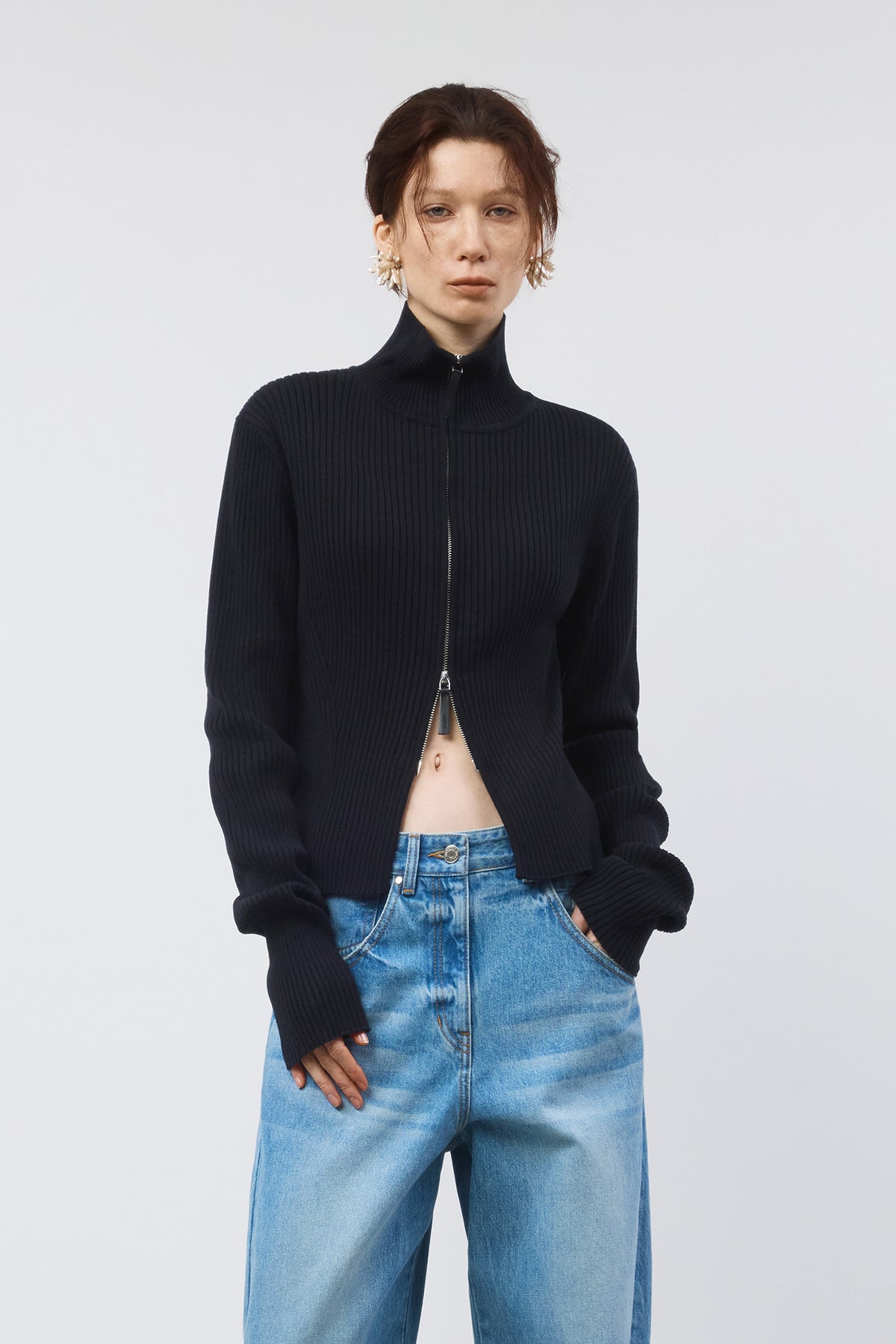 Matinkim High Neck Two Way Zip UP Cardigan IN Black