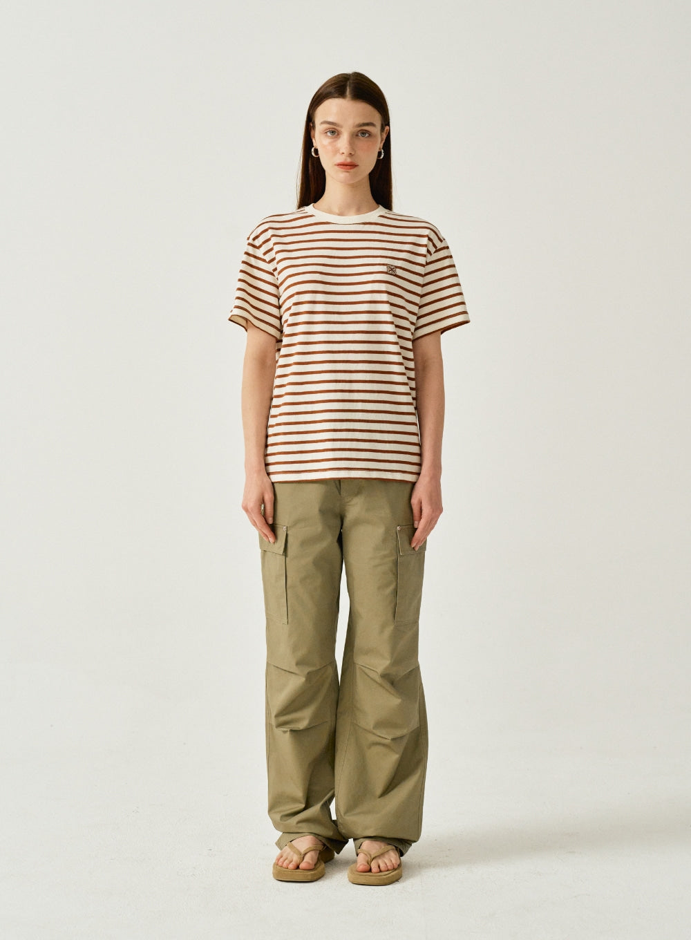 [satur] (W) All Day Basic Stripe T-Shirt - Brown